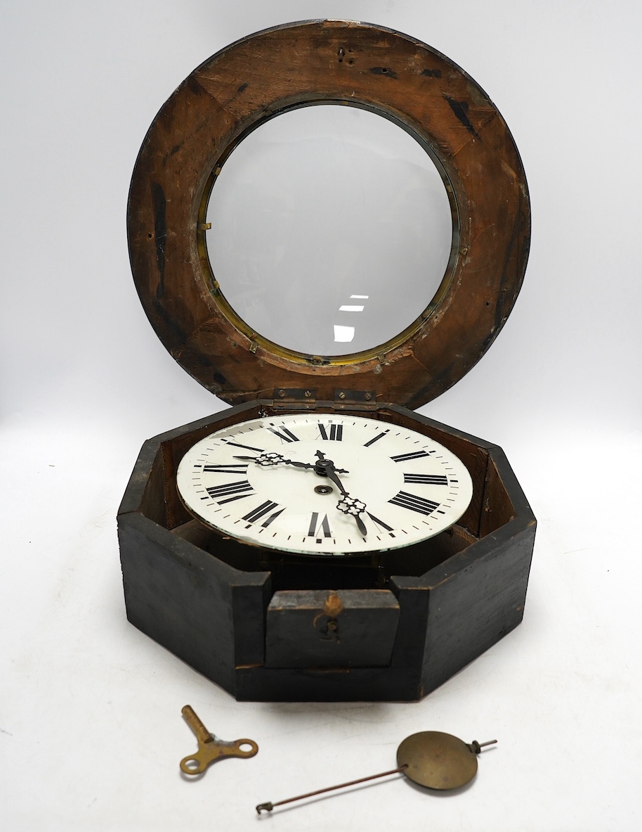 A late 19th century circular wall timepiece, dial 24.5cm. Condition - poor